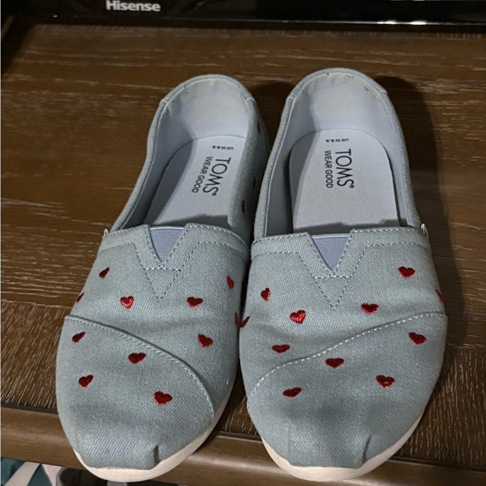 Toms Sky Blue Slip-Ons with Red Heart Accents